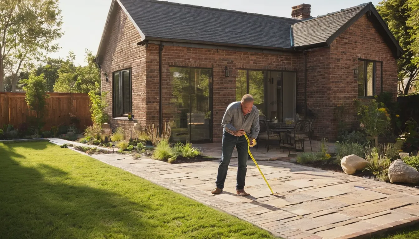 Homeowner measuring a patio space for new concrete in the Greensburg area