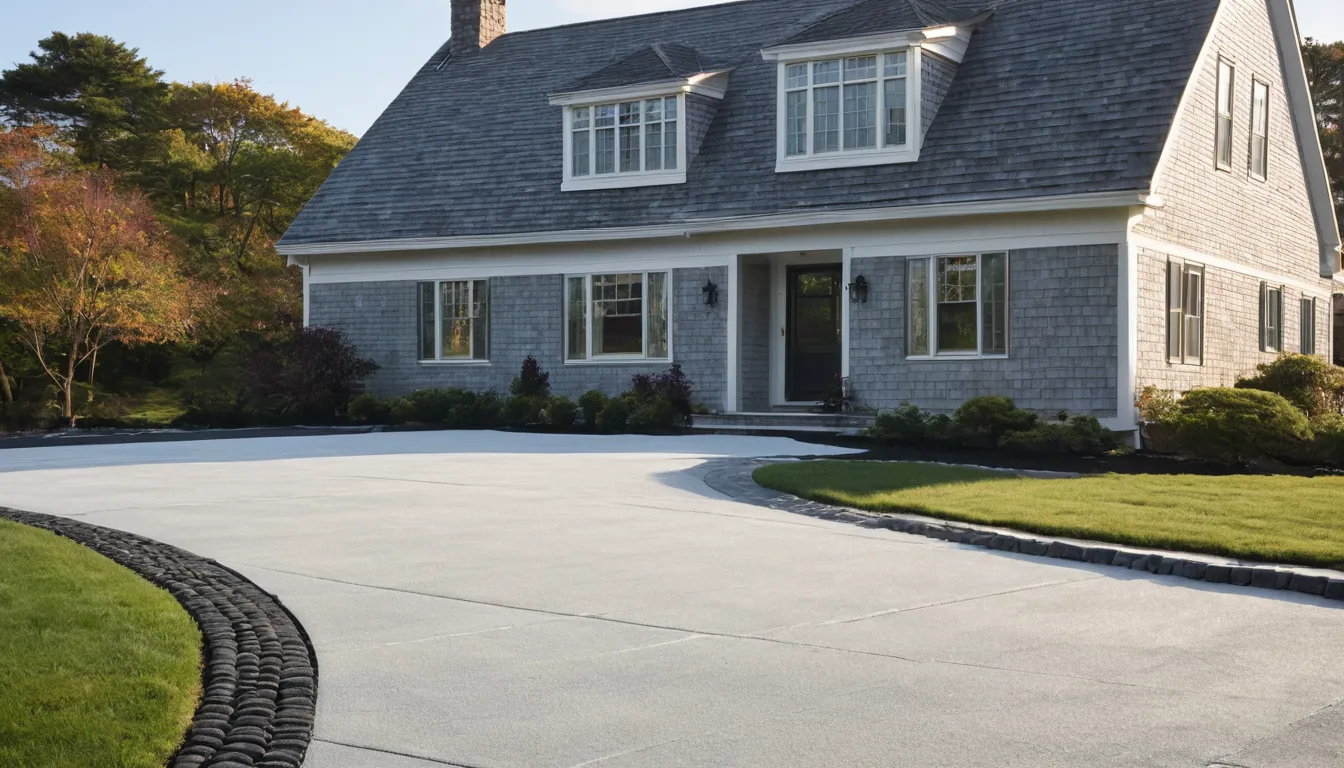 A newly poured broom-finished concrete driveway beside a Cape Cod style home in Greensburg